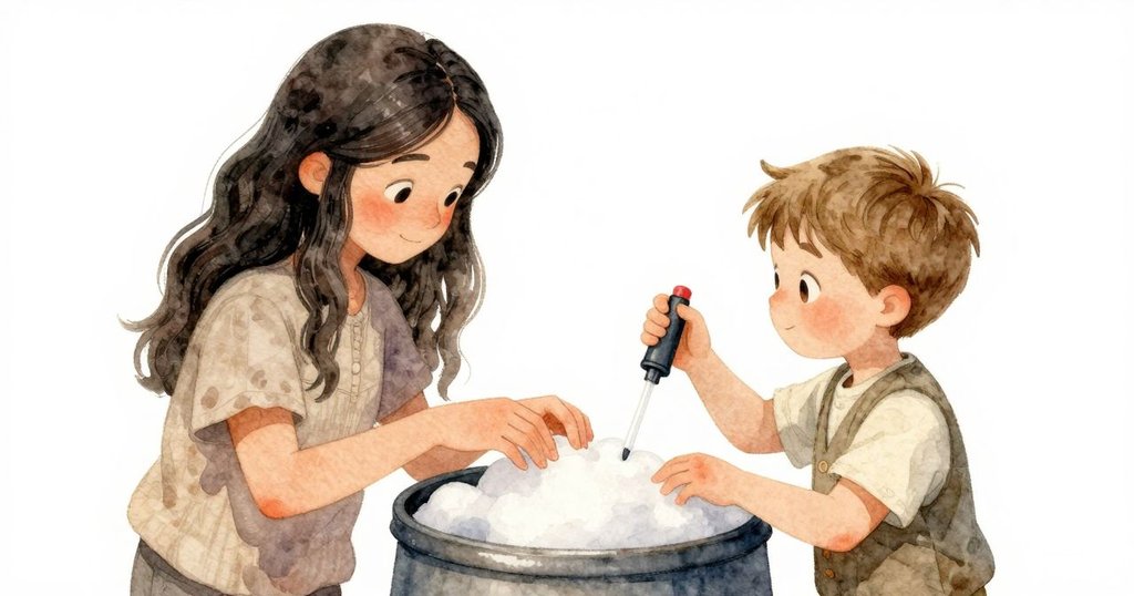 Gemma與Paul同心協力操作木桶，Paul用手指觸摸發泡表面，而Gemma準備再次使用移液管，氛圍溫暖神秘