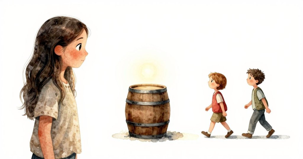 Gemma與Paul背對木桶微笑離開，地下室內燈光柔和閃爍，呈現神秘旅程落幕的安靜氛圍