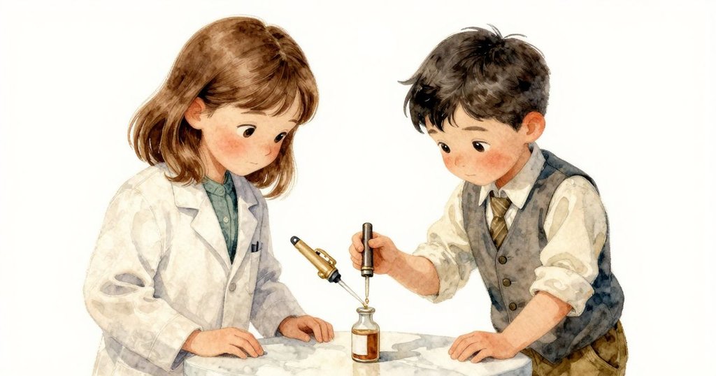 艾塔的手正專注操作移液管，細小水滴從管尖滴入小瓶中，細節豐富展現實驗專注過程