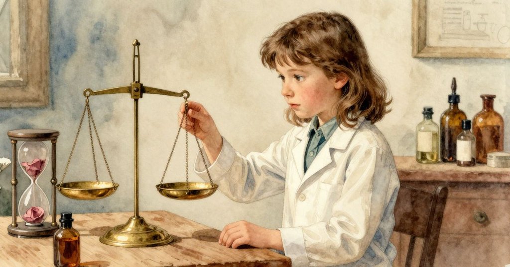 從傾斜視角呈現的工作台上，展示古銅秤、半空沙漏與各式瓶子，物品整齊排列彰顯實驗藝術感