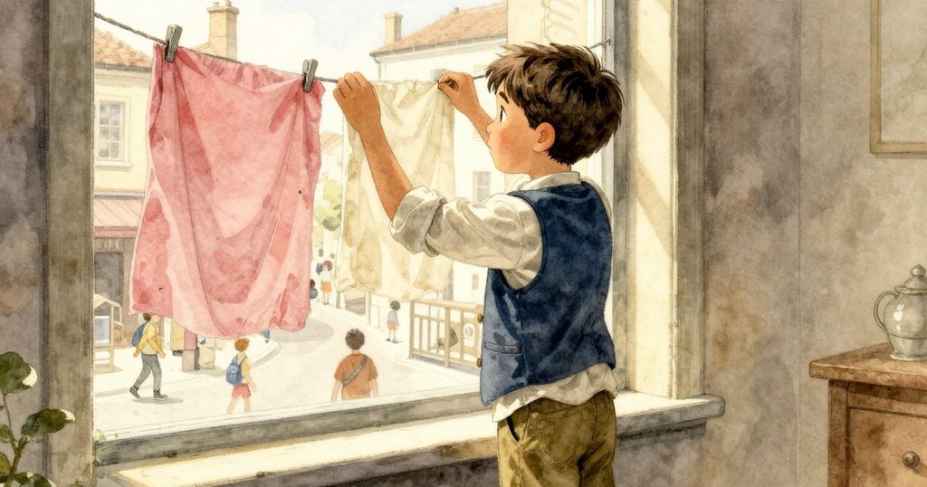 宙費站在高窗前持著晾紙條，透過窗戶注視外面熱鬧街道，窗台上綠螳螂靜靜佇立，氛圍溫馨