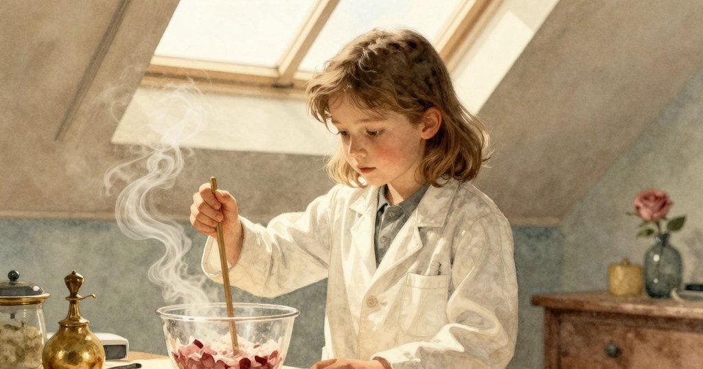 艾塔正使用玻璃棒攪拌混合液，柔和氣味如絲帶般盤旋上升，動態光線下具現實驗變化