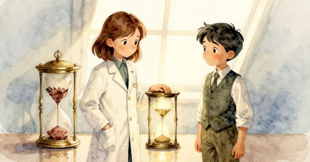 艾塔與宙費在完成的沙漏旁互相凝視，沙粒柔光閃爍，綠螳螂隨旁見證，場景充滿溫馨與共鳴