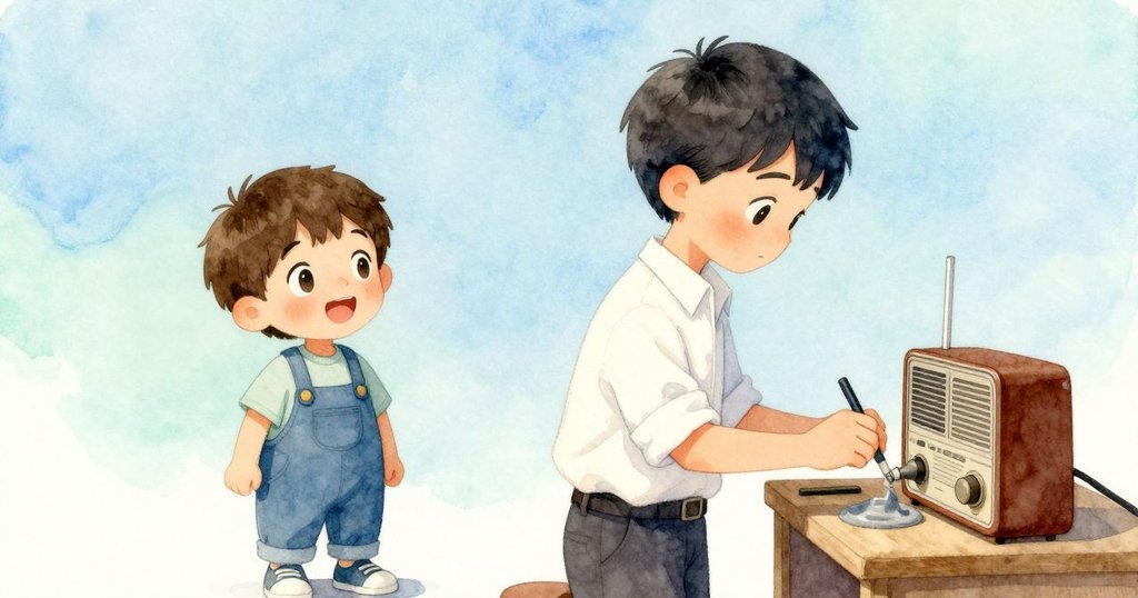 Kit專注於將灰色清潔劑塗在收音機上，Theo在一旁靜靜觀察，兩者形成強烈對比，工臺上工具散落有序