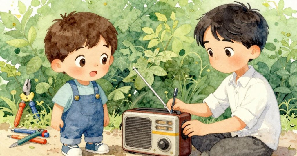 Kit的手指輕輕觸碰收音機上精緻的油漆條紋，Theo在後方靜觀，修理工具與背景形成豐富層次