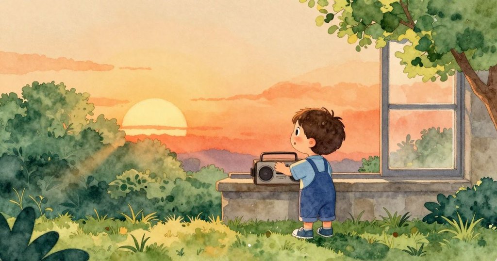 Kit將修復好的收音機輕放於窗邊，夕陽餘暉映照出室內外和諧景致，呈現出平靜完滿的結局