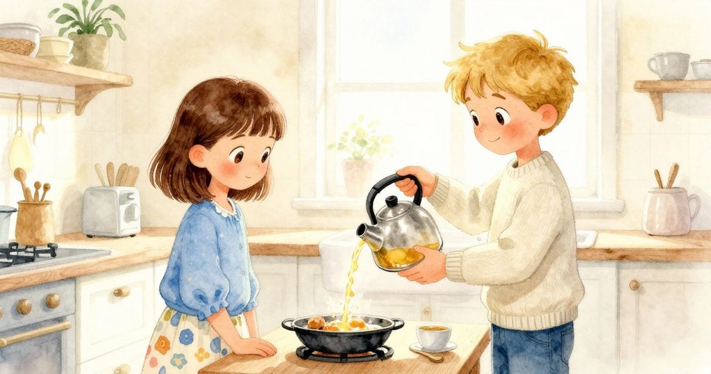 奧拉輕觸茶壺，流出金色液線，廚房內溫暖光影中呈現初始動作，神情專注