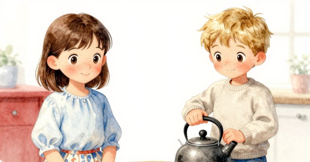 奧拉專注伸手調整茶壺，顯示出黃銅圓盤因氣泡搖動的細節，溫柔光線中呈現動作