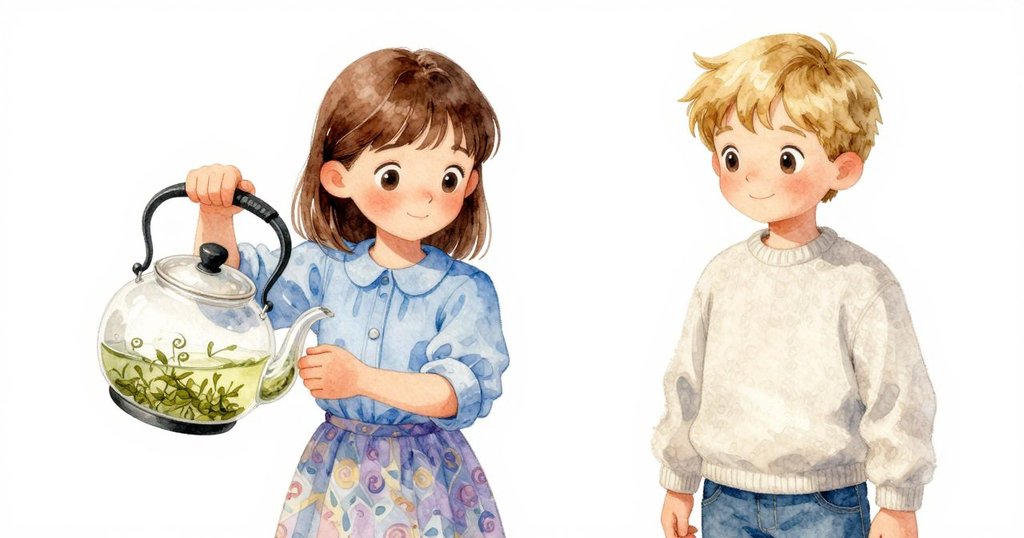 從奧拉視角看茶壺蓋及旋轉茶葉，蒸氣輕繞展現細膩機關，溫柔光線中呈現專注觀察