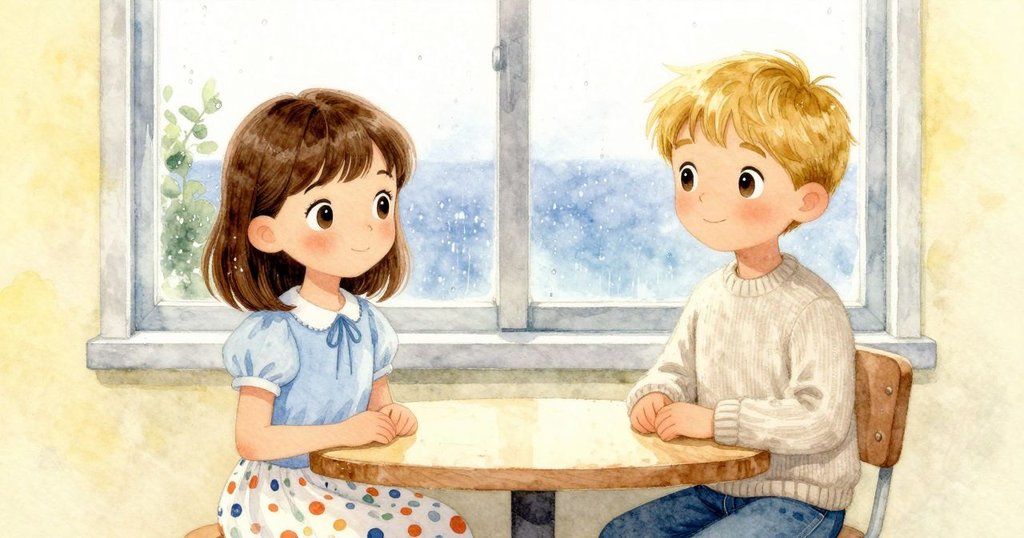 奧拉與內德坐在低桌旁，窗外雨滴與搖曳樹葉交織，呈現室內外氣氛轉換，神情平靜