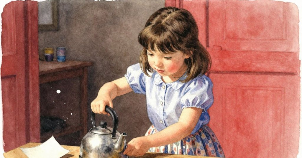 奧拉神情專注且略帶憂慮地調整茶壺，桌上報告紙滑落，呈現內心矛盾與精細動作的瞬間