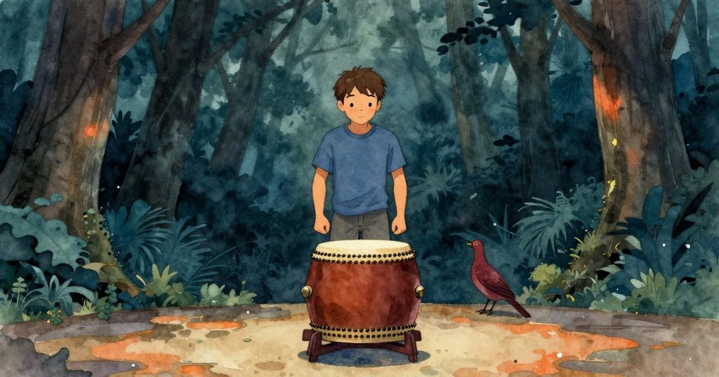 布雷克站在太鼓舞台邊，注視跳躍於鼓緣的褐色畫眉鳥，背景中有柔和光線灑落的樹林，顯現出寧靜好奇的心情