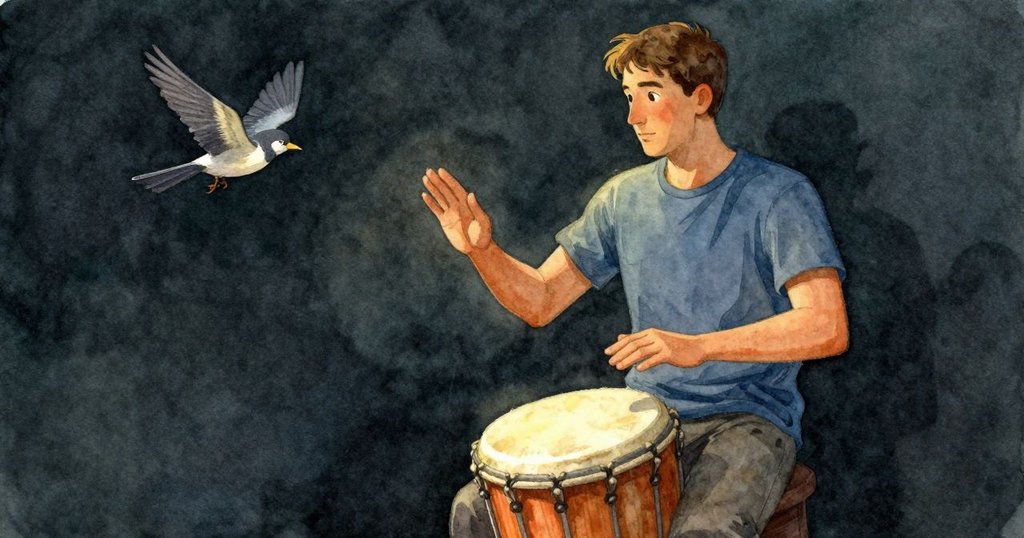 布雷克敲擊太鼓與畫眉鳥連續啄擊完美同步，畫面以雙重現實展現出人與自然之間和諧的律動