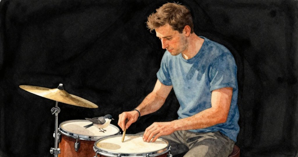 布雷克調整著接近太鼓邊緣的敲擊節奏，而畫眉鳥靈動地飛下啄起掉落的手環，彰顯出音與記憶的奇妙融合