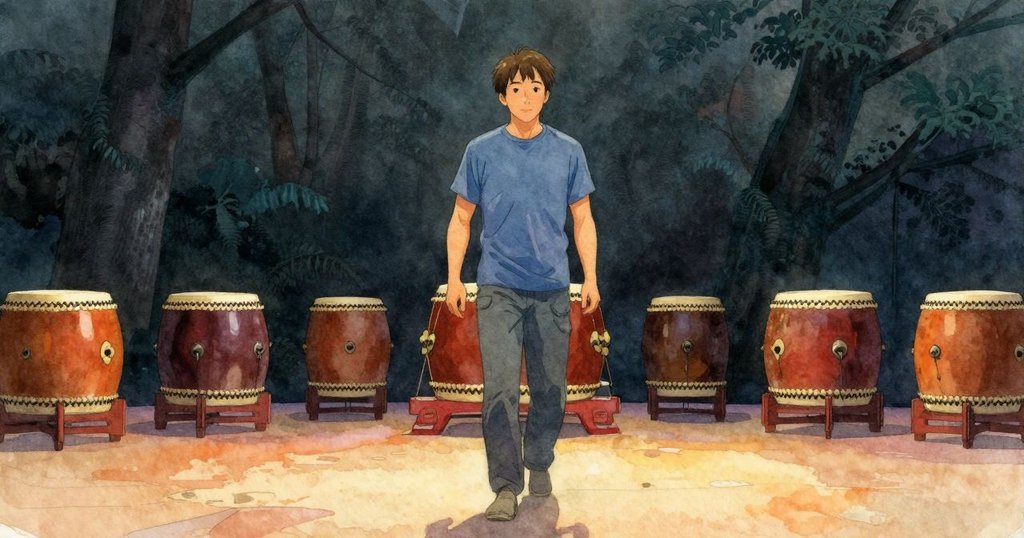 布雷克在逐漸收尾的表演中退回至斜坡鼓台上，指尖輕觸著逐漸消退的節奏，舞台與自然共同營造出寧靜的結局