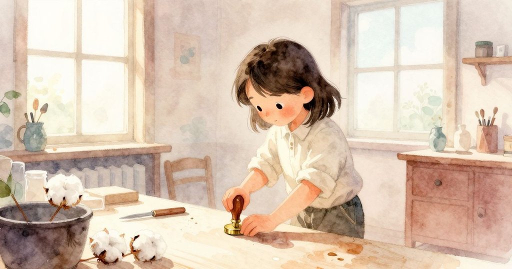 在晨霧中，Noel在工作坊內將銅印輕放在拉緊的布上，窗外柔和光線灑落，展現出專注與溫暖的工作情景。