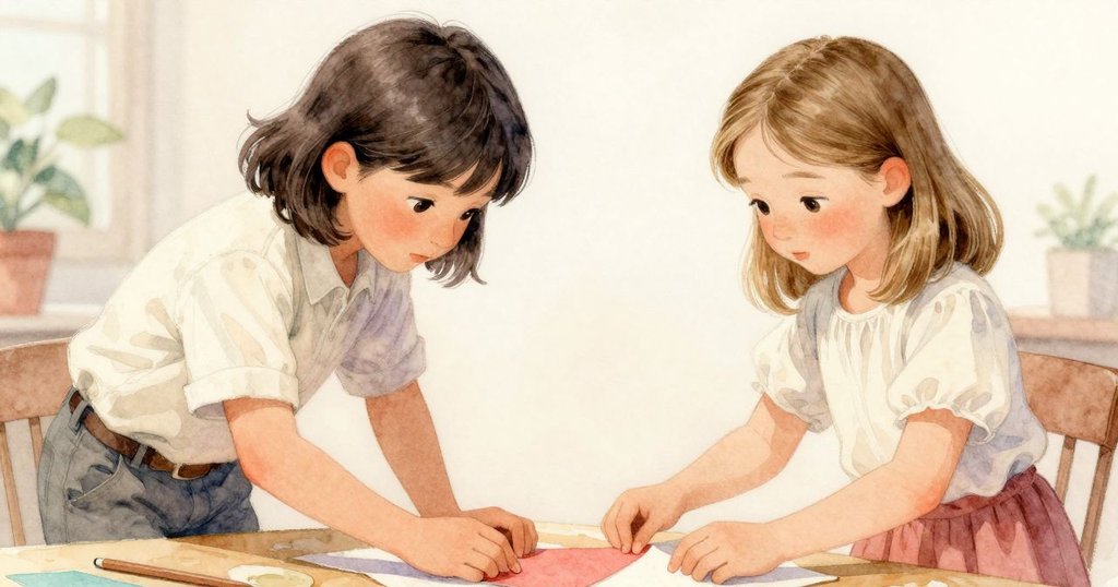 Noel打開紅色筆記本記錄細節，Ines在旁整理布料，桌上擺放著工具與筆記，呈現出認真製作的情景。