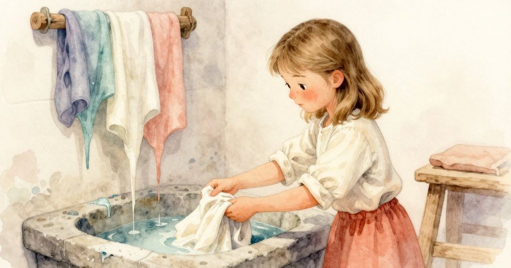 在工作坊角落中，Ines小心整理滴著染料的布料，石槽靜靜聚集著細膩紋理，散發出寧靜與認真氛圍。