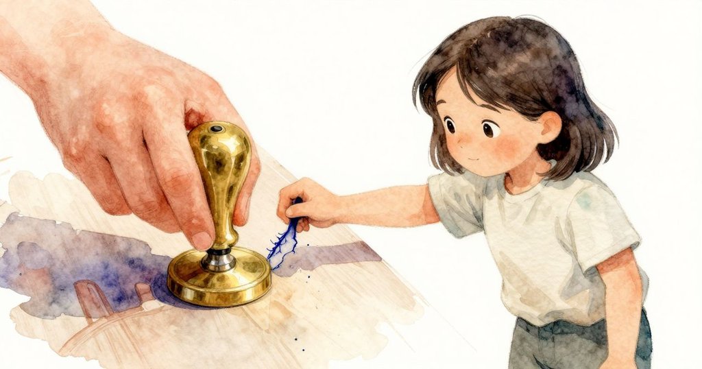 Noel仔細用大拇指觸摸銅印上意外形成的靛藍紋路，臉上流露出驚奇與沉思，細節豐富而打動人心。