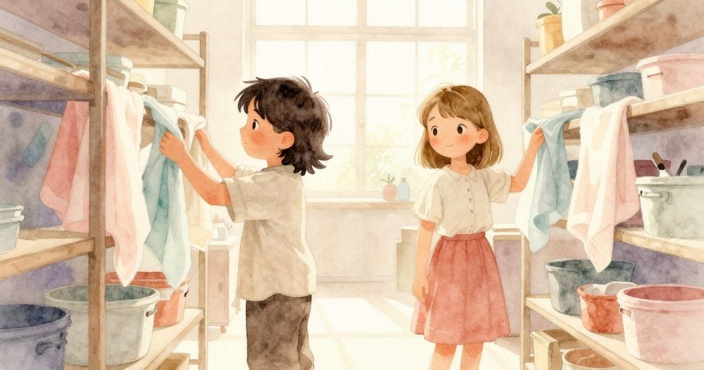 Noel與Ines攜帶滴水布料走向光線充沛的展架，藍色水滴緩緩落下，展現出團結合作與成功喜悅的畫面。