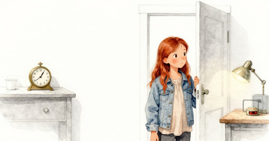 Flora在修理店門口靜立，身影在溫暖燈光下顯現，背景中銅時鐘閃爍，展現開始探索的情緒