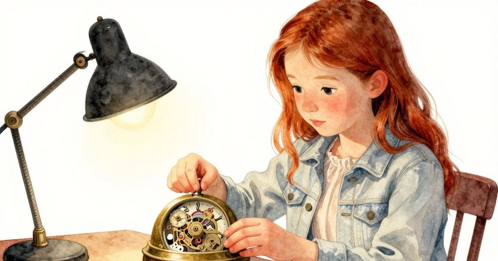 Flora專注觸摸銅時鐘，溫暖燈光下鐘表細節清晰，展現探索靜謐機械奧秘的情感