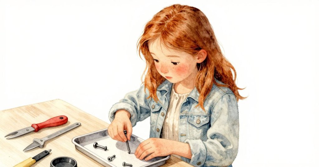 從上方俯視，Flora小心放置一顆螺絲於托盤上，四周工具井然有序，展現她的專注與細膩