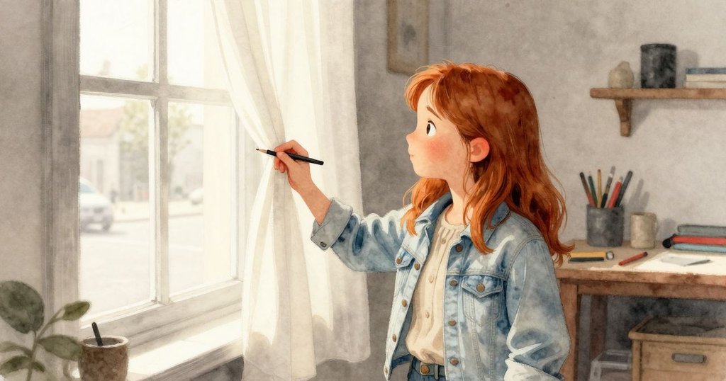 Flora拉開窗邊厚重窗簾，黃昏陽光灑入工作間，映出窗外寧靜街道，充滿溫暖希望的氛圍