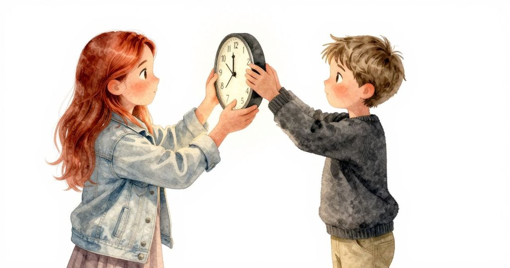 Flora在工作間將銅時鐘遞向門口的Callum，兩人對視流露安心與喜悅，溫暖燈光中情感真摯流露