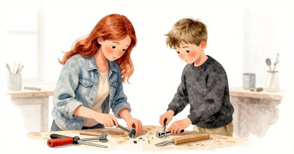 在柔和燈光下，Flora與Callum並肩整理工具，團結合作面對晚風涼意，營造出溫馨且和諧的場景