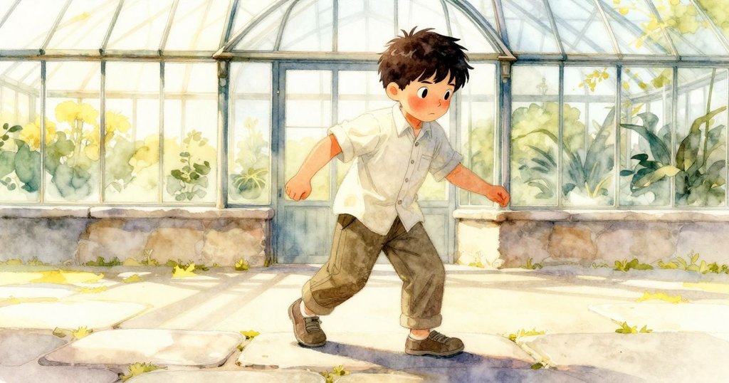 Remy在石板路上前進,背光形成剪影,玻璃屋入口處明亮的早晨,展現開始修繕的決心與期待