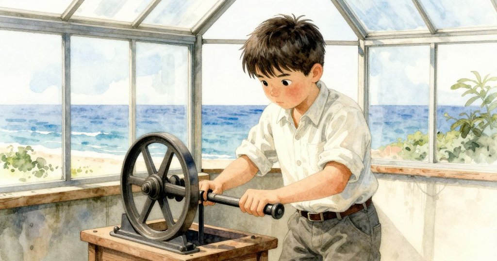 Remy雙手調整生鏽齒輪,近距離特寫呈現舊物質感,玻璃屋內溫暖光線下專注修繕的情景