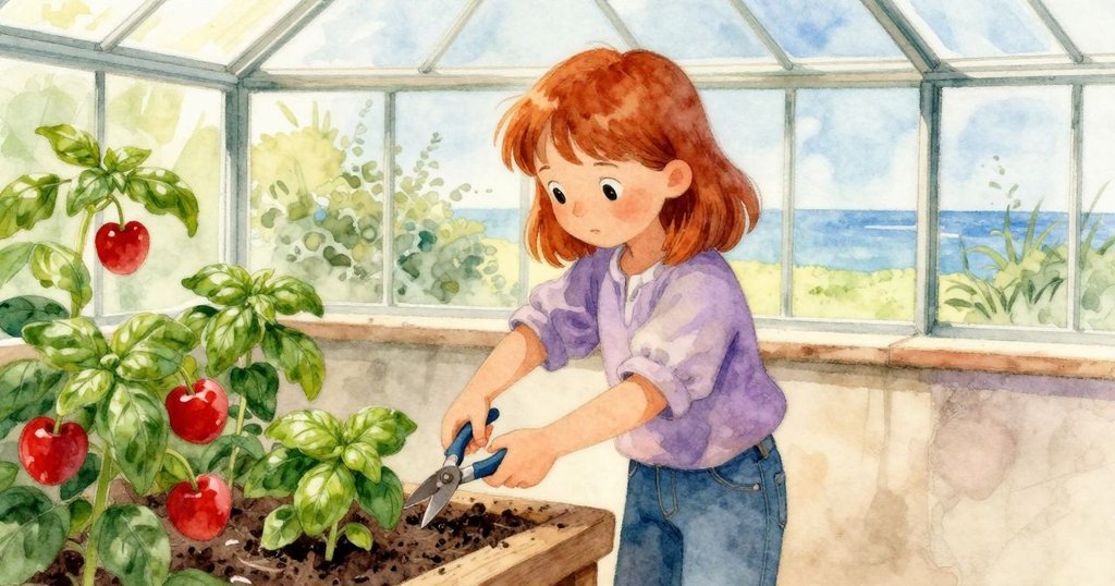 Thea在玻璃屋內木製工作台上修剪羅勒,中景展現出專注與疑惑,溫暖室內燈光襯托出自然氛圍