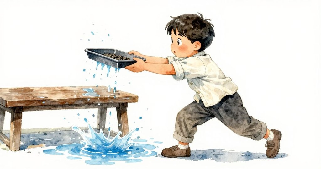 Remy猛然衝向滑動的育苗盤,中景展現緊張動作與水花飛濺,捕捉關鍵時刻展現修理緊迫感