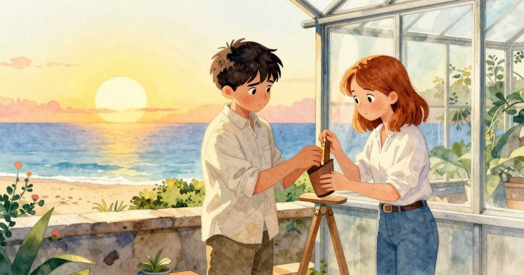 Remy與Thea在夕陽餘暉中共同調整松木楔,玻璃屋內氣氛安定,雙人合作成功解決問題表露滿足與平靜