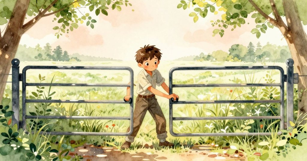 在鄉村清晨中，男孩拉起沉重的鐵門，水渠反射出溫柔光影，顯示出他的專注與決心。
