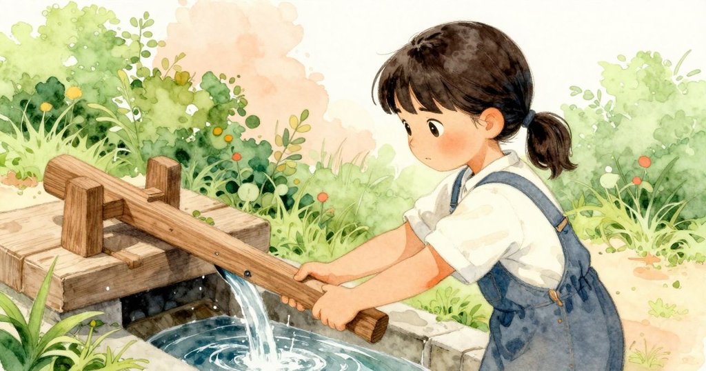 透過花園拱門，女孩在水閘旁調整木杠杆，輕柔流水伴隨她專注的動作，環境充滿詩意。