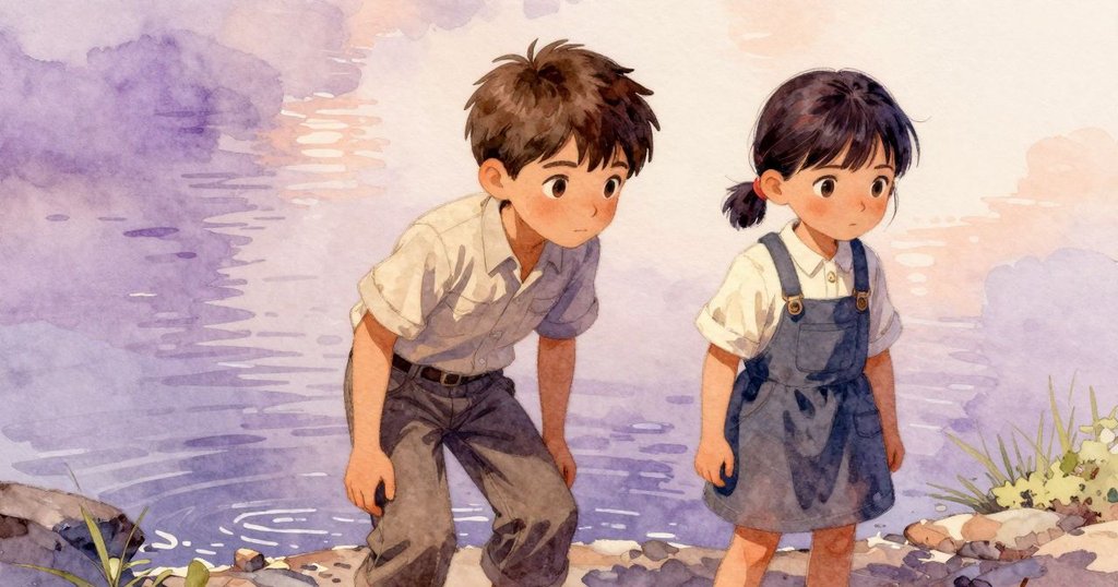 在柔和紫與桃色調中，男孩與女孩並肩站在流水邊，凝望著過去與現在交織的記憶，情感深沉。