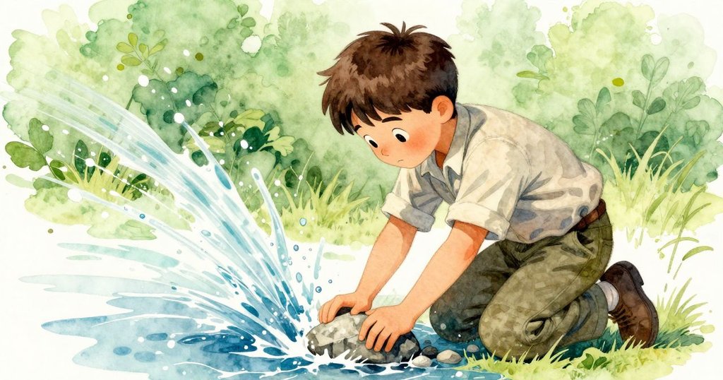 男孩跪下用力拔出卡在石頭上的雜物，水流激湍噴濺出動感水跡，展現大自然的充沛活力。