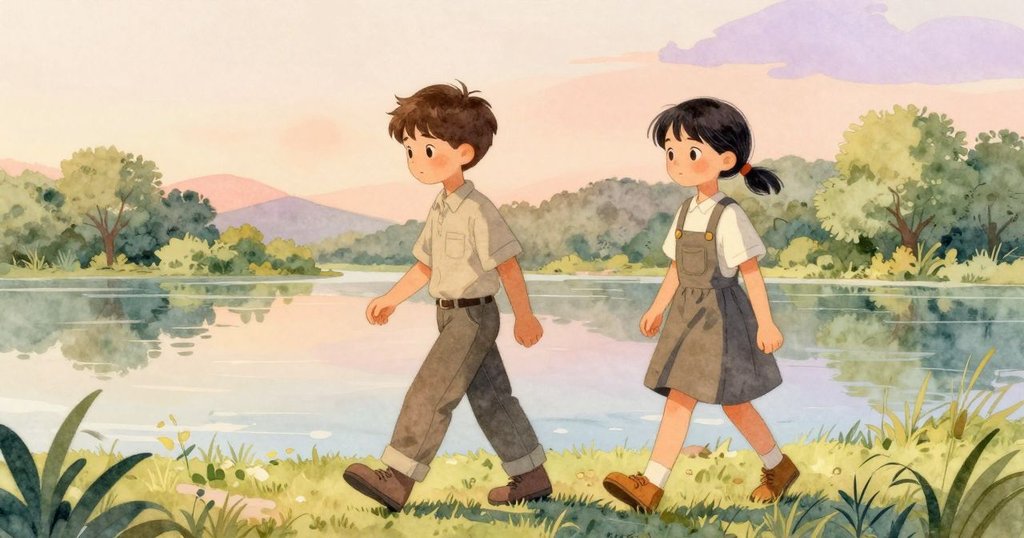 男孩與女孩並肩走在溫暖夕陽灑落的溪邊，水流低語平和韻律，象徵著和諧與希望的結局。