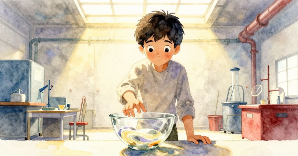 邁爾斯在工坊中驚訝凝視著發光漩渦玻璃碗，溫暖陽光灑在他專注的臉龐上，展開故事序幕