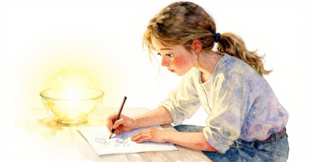 歐珀從背後觀察玻璃碗中光芒漩渦，用鉛筆記錄情景，紙上石墨輕滴落下，故事逐步展開