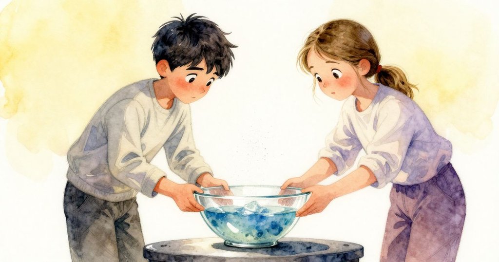 玻璃碗在暗鋼上緩緩自轉，燦爛螺旋反射溫柔光芒，細微石墨塵飄舞，象徵創意探索精神的完滿收官