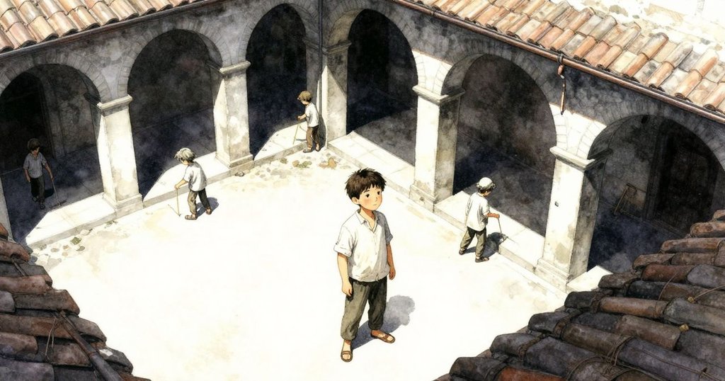 奈斯特在古老庭院拱門下凝視著塞爾文修剪樹枝,銅水滴灑落在碎石上,情緒專注而寧靜