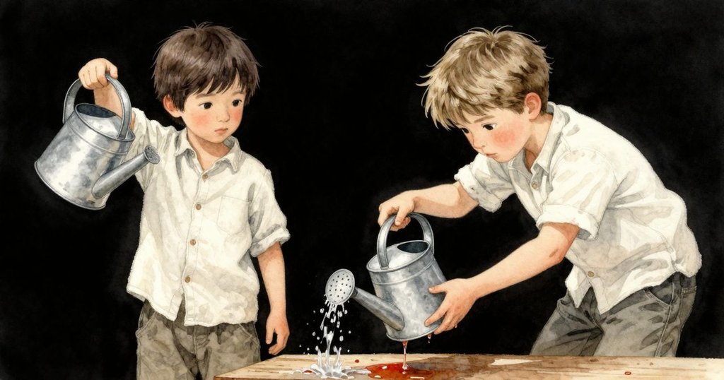 細緻特寫展示破損澆水壺內水波搖曳,樹脂沿著雪松木板流動,銅水滴清晰呈現