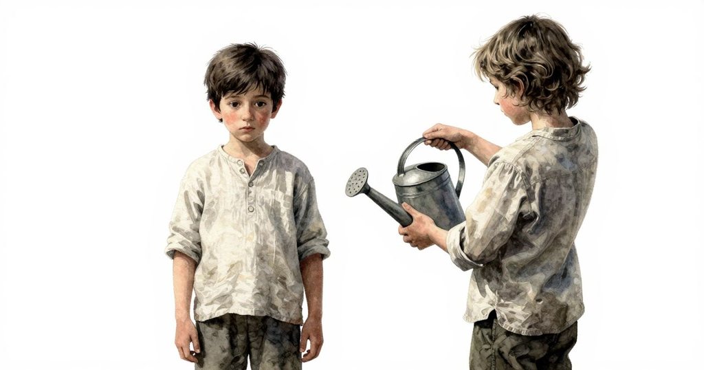 從背後視角呈現奈斯特舉起澆水壺,神情猶豫,塞爾文在背景中專注修剪樹枝,庭院光影柔和