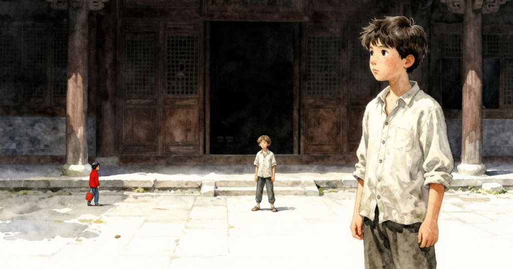 廣角縮小視角展現寬闊庭院,奈斯特與塞爾文在古老雪松板中顯得渺小,自然與工藝細節融合,氣氛寧靜