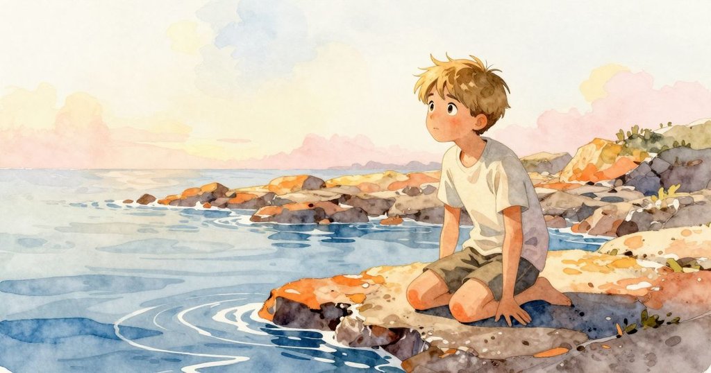 奈奎爾蹲在岩石水池邊，仔細觀察鹽紋，背景有石壁與微泡，展現寧靜又好奇的開場