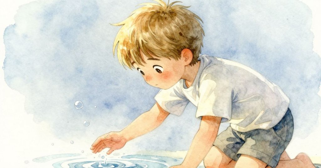 奈奎爾用手指輕觸水面，水泡在瞬間綻放，展現細膩探索與驚奇之情