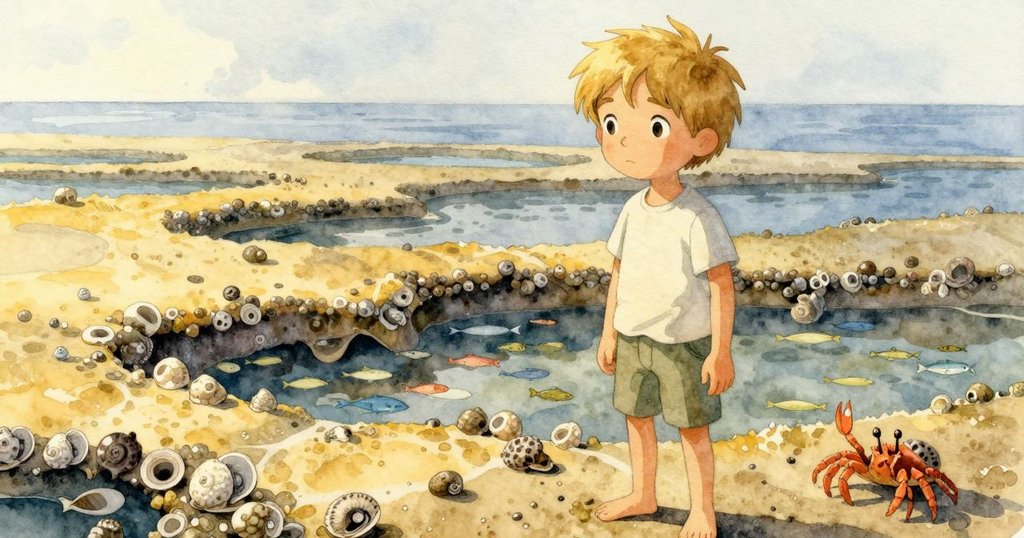 奈奎爾注視層次分明的潮池，背景岩層上有藤壺、蝸牛與小魚，一隻寄居蟹正沿岩走動，生態豐富